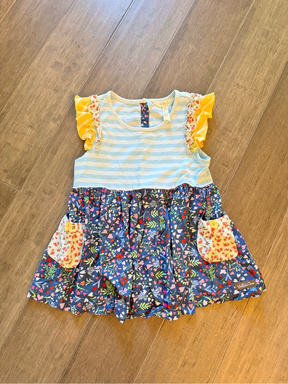 Matilda Jane Blue Stripe and Floral Dress with Yellow Ruffle Sleeves
